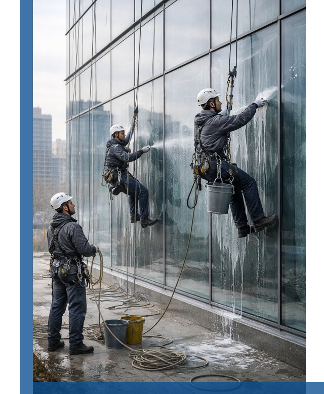 Промышленная мойка панорамных окон на высоте в Кинели