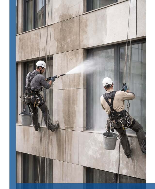 Послестроительная мойка фасада промышленным альпинизмом в Кинели