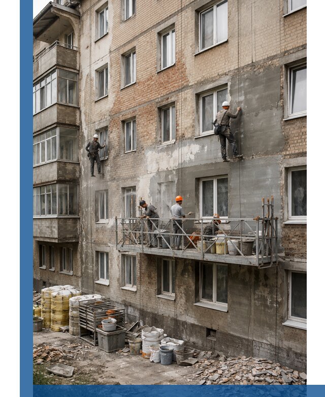 Капитальный ремонт фасада в Кинели с восстановлением и гидроизоляцией