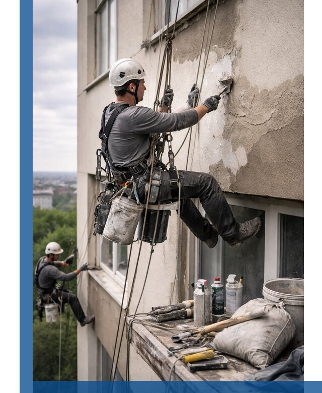 Косметический ремонт фасада зданий в Кинели промышленными альпинистами