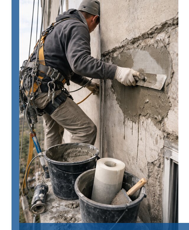 Ремонт бетонных элементов фасада промышленными альпинистами в Кинели