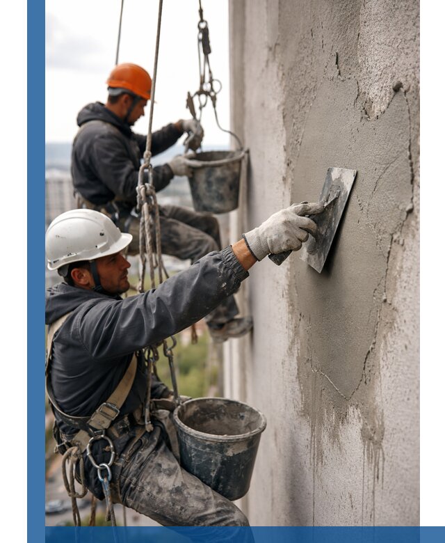 Штукатурка фасада на высоте в Кинели профессиональные работы