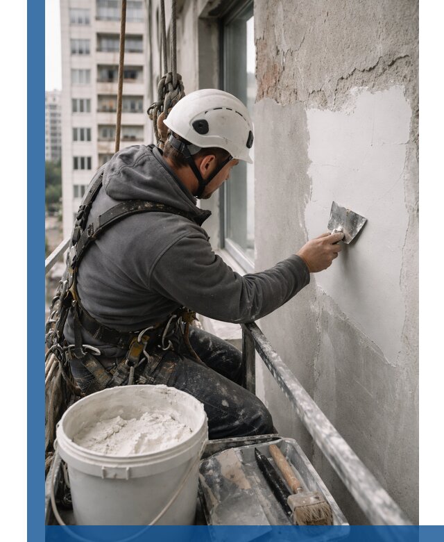 Шпаклевка фасадов на высоте с промальпинистами в Кинели