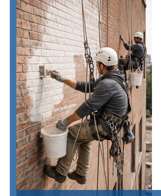 Покраска кирпичного фасада с доступным альпинистским сервисом в Кинели