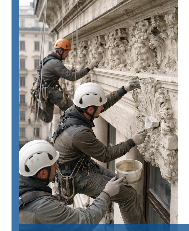 Реставрация фасадной лепнины с высотными работами в Кинели