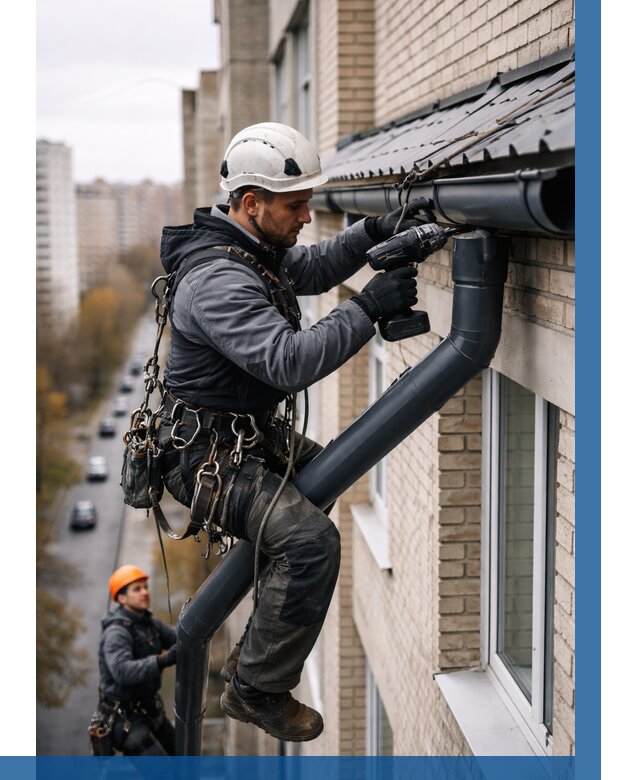 Монтаж водосточной системы на здании в Кинели от 5094 р. | ВЫСОТНИК-Кнл