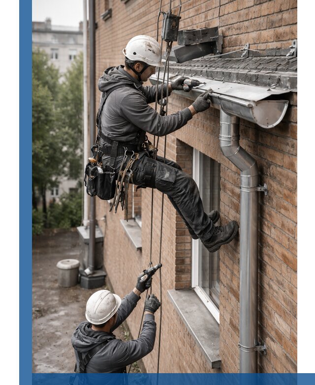 Монтаж водосточной системы на здании в Кинели под ключ