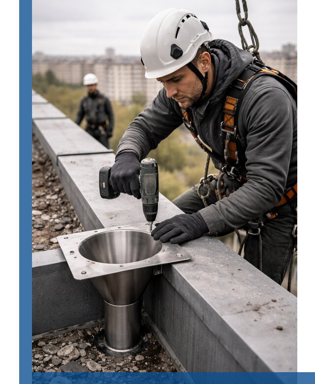 Монтаж водосточных воронок в Кинели для промышленных зданий