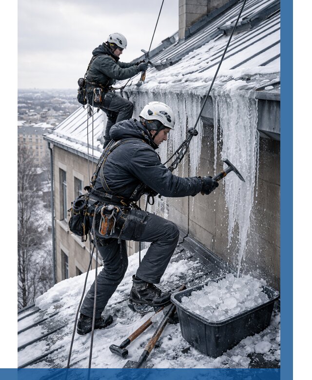 Удаление наледи с кровли в Кинели от 5603 р. | ВЫСОТНИК-Кнл