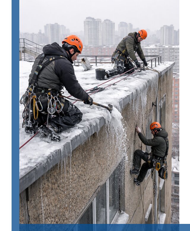 Удаление наледи с кровли в Кинели промышленными альпинистами