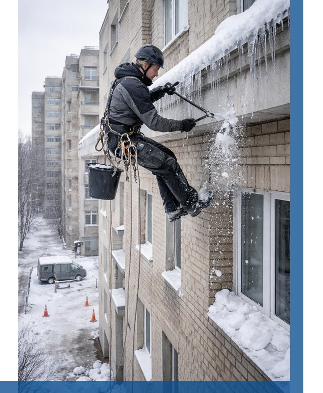 Удаление наледи с карнизов в Кинели от 357 р. | ВЫСОТНИК-Кнл