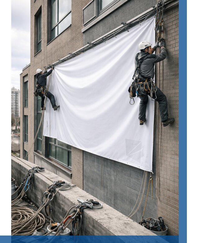 Монтаж баннеров на фасаде в Кинели от 662 р. заказать ВЫСОТНИК-Кнл