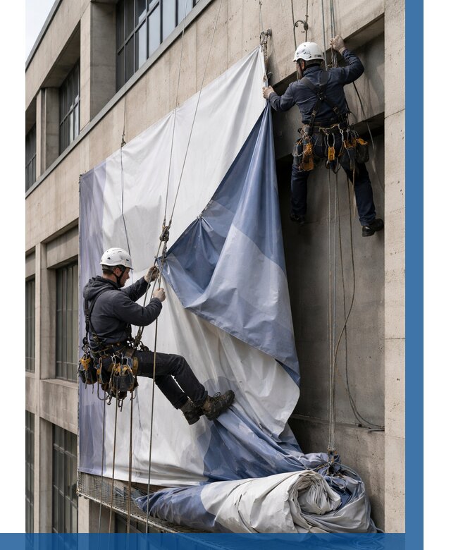 Демонтаж баннеров с фасада в Кинели от 4585 р. | ВЫСОТНИК-Кнл