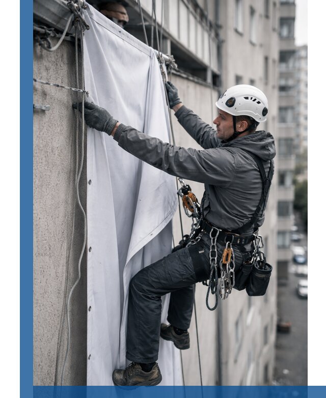 Замена баннерного полотна промышленными альпинистами в Кинели