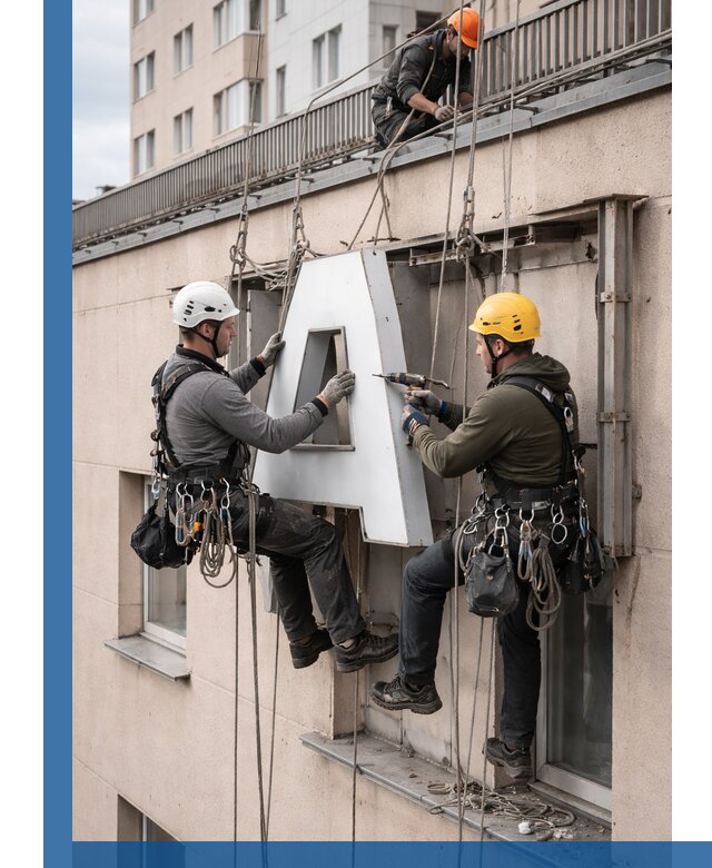 Ремонт и восстановление наружных вывесок на высоте в Кинели