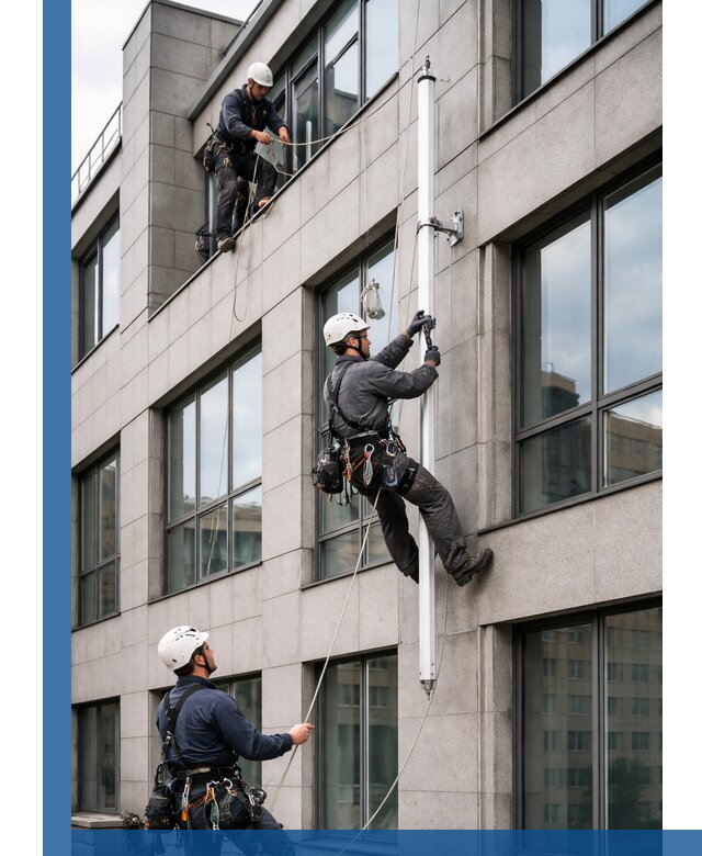 Монтаж флагштока на фасаде здания с креплением и герметикой в Кинели
