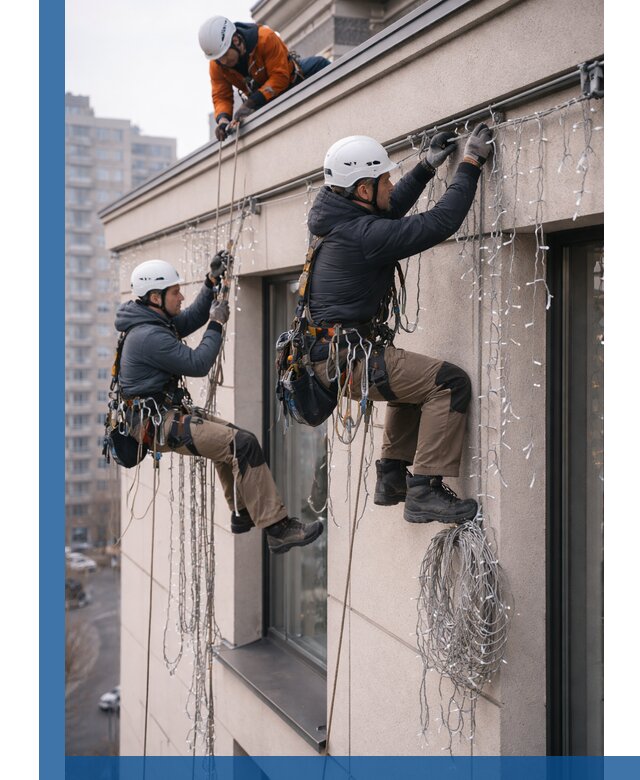 Монтаж праздничных гирлянд на фасаде в Кинели для зданий