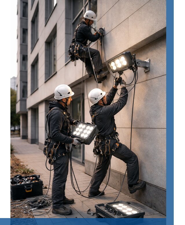 Монтаж прожекторов на фасаде в Кинели от 7641 р. | ВЫСОТНИК-Кнл