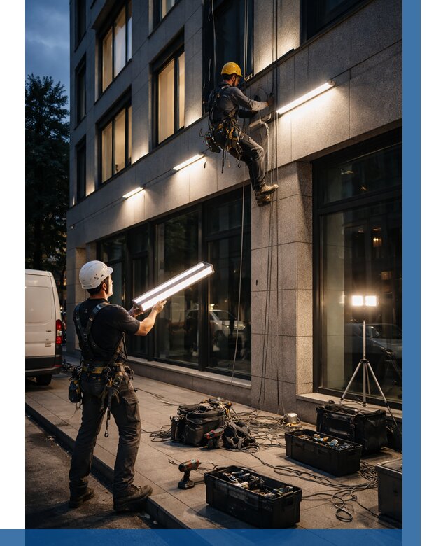 Монтаж архитектурной подсветки здания в Кинели от 2547 р.|ВЫСОТНИК-Кнл