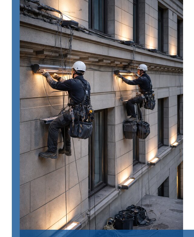 Монтаж архитектурной подсветки фасадов зданий в Кинели