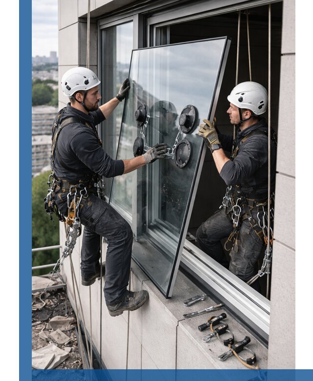 Замена стеклопакетов на высоте с промышленными альпинистами в Кинели