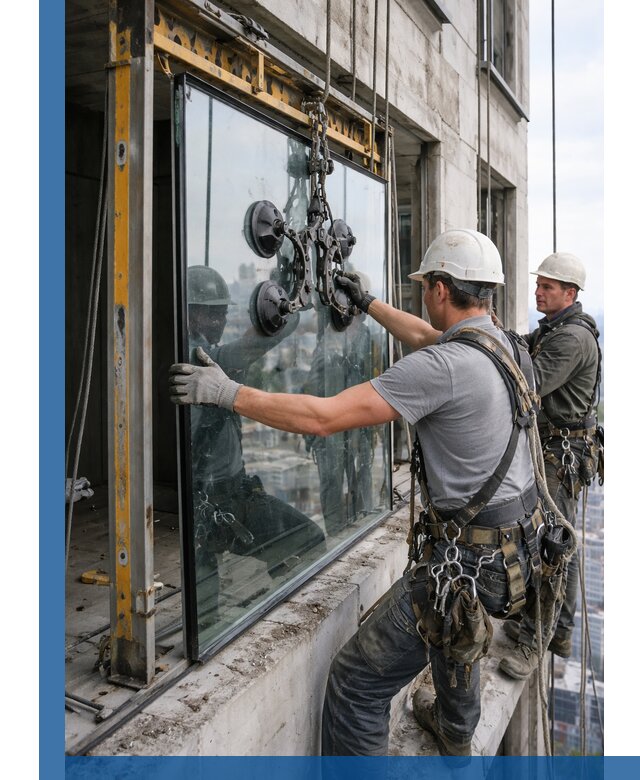 Монтаж стеклопакетов на высоте в Кинели с промышленным альпинизмом