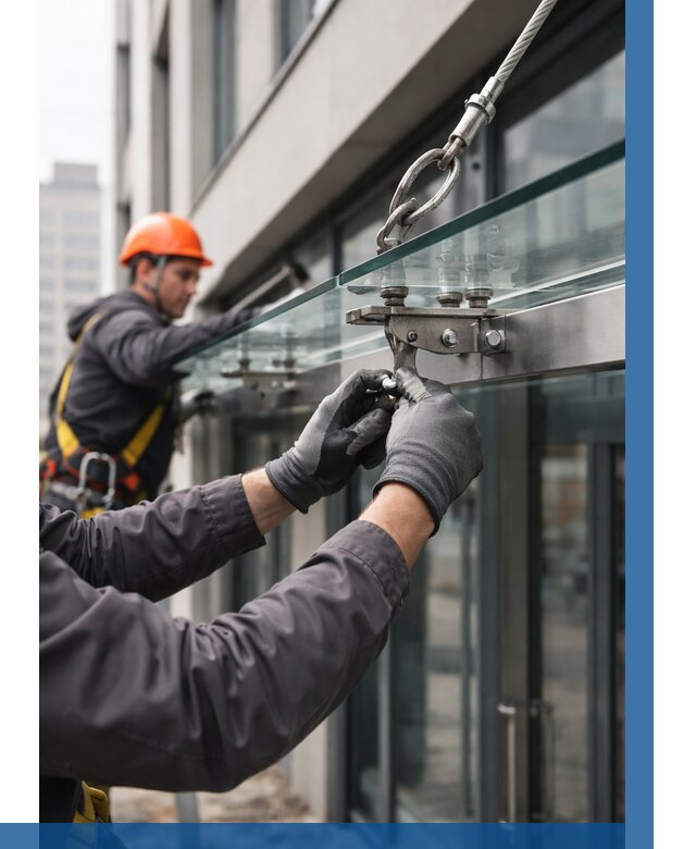 Монтаж стеклянных козырьков в Кинели от 8660 р. | ВЫСОТНИК-Кнл