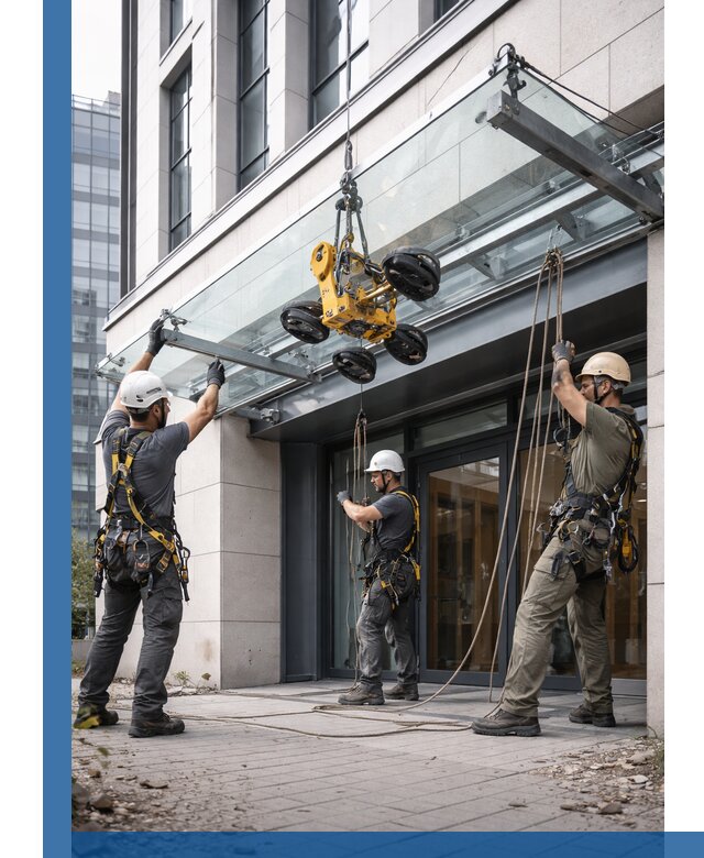 Монтаж стеклянных козырьков под ключ в Кинели для зданий