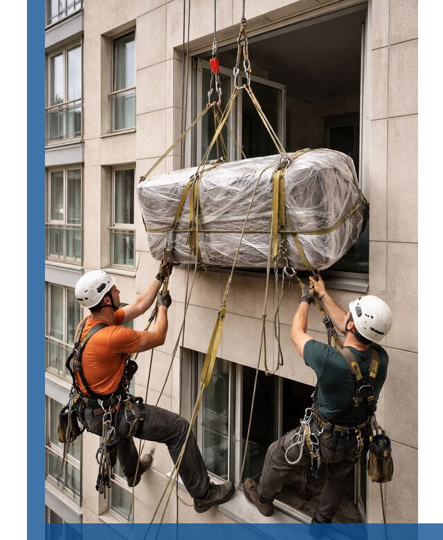 Подъем грузов через окно в Кинели промышленными альпинистами