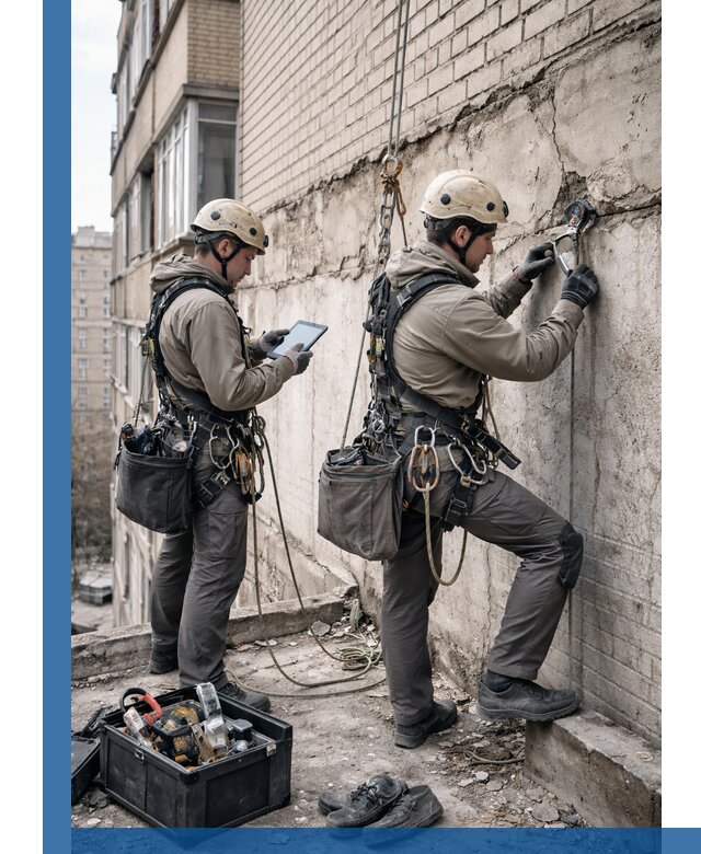 Обследование фасада промышленными альпинистами в Кинели